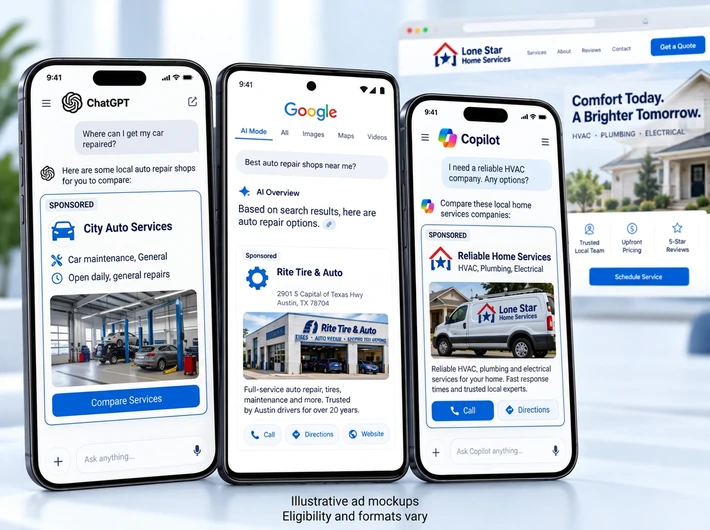 Illustrative mockups of sponsored ads shown in ChatGPT, Google AI Search, and Microsoft Copilot