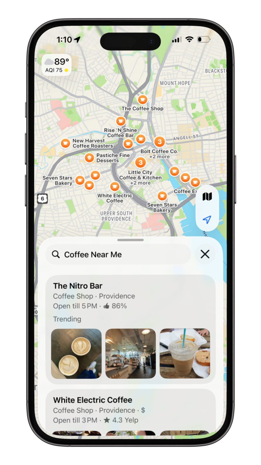Apple Maps coffee near me search
