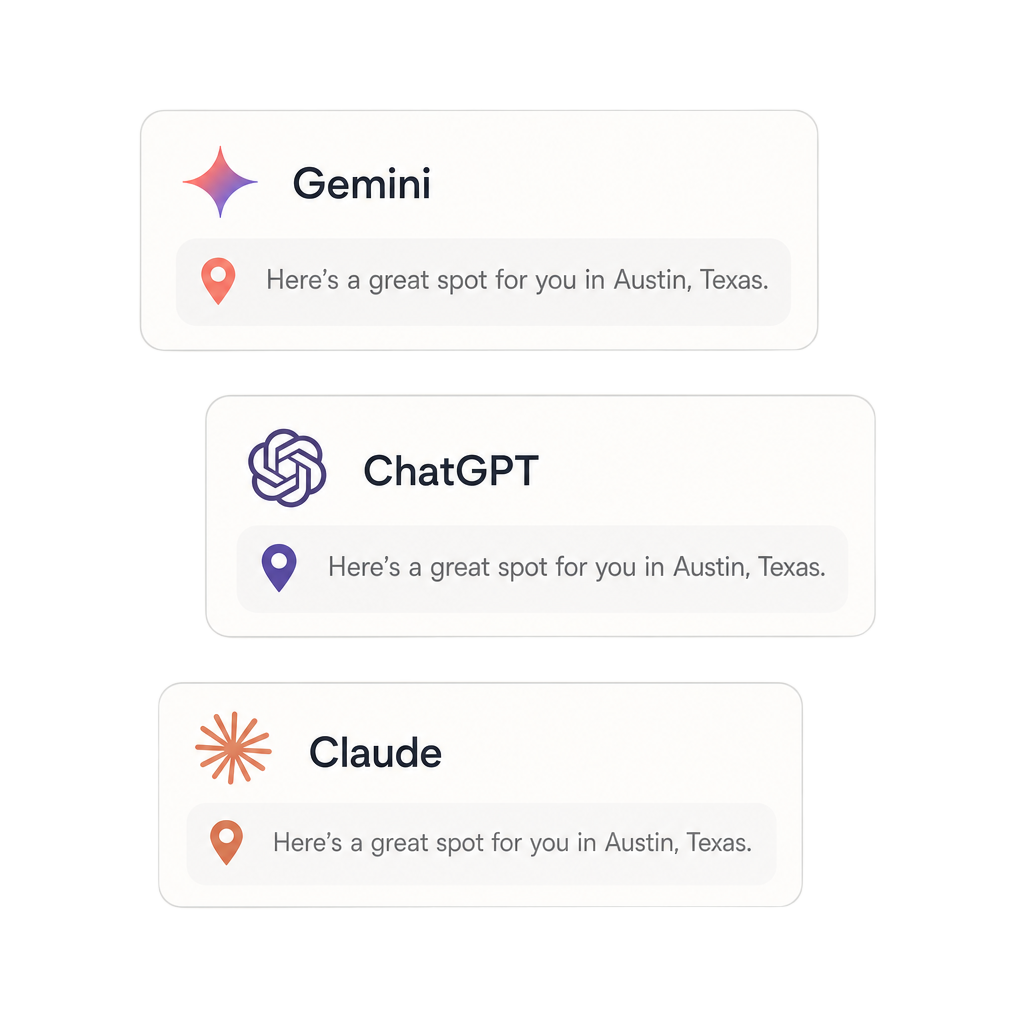 Gemini, ChatGPT, and Claude answering a local business question with a map pin